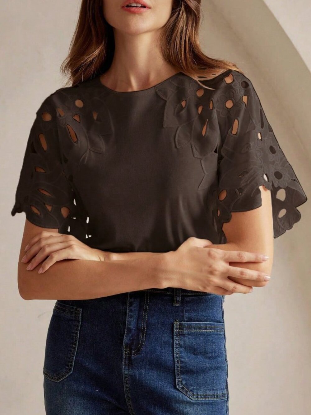 Coffee Brown Casual Women's Elegant Hollow-Out Short Sleeve T-Shirt - Picture 6 of 6